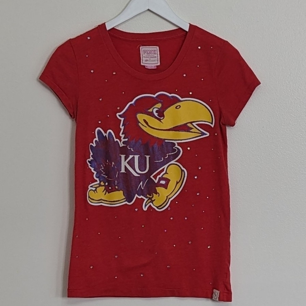 Victoria's Secret Pink KU Jayhawks Red Medium Short Sleeve T-shirt Rock Chalk